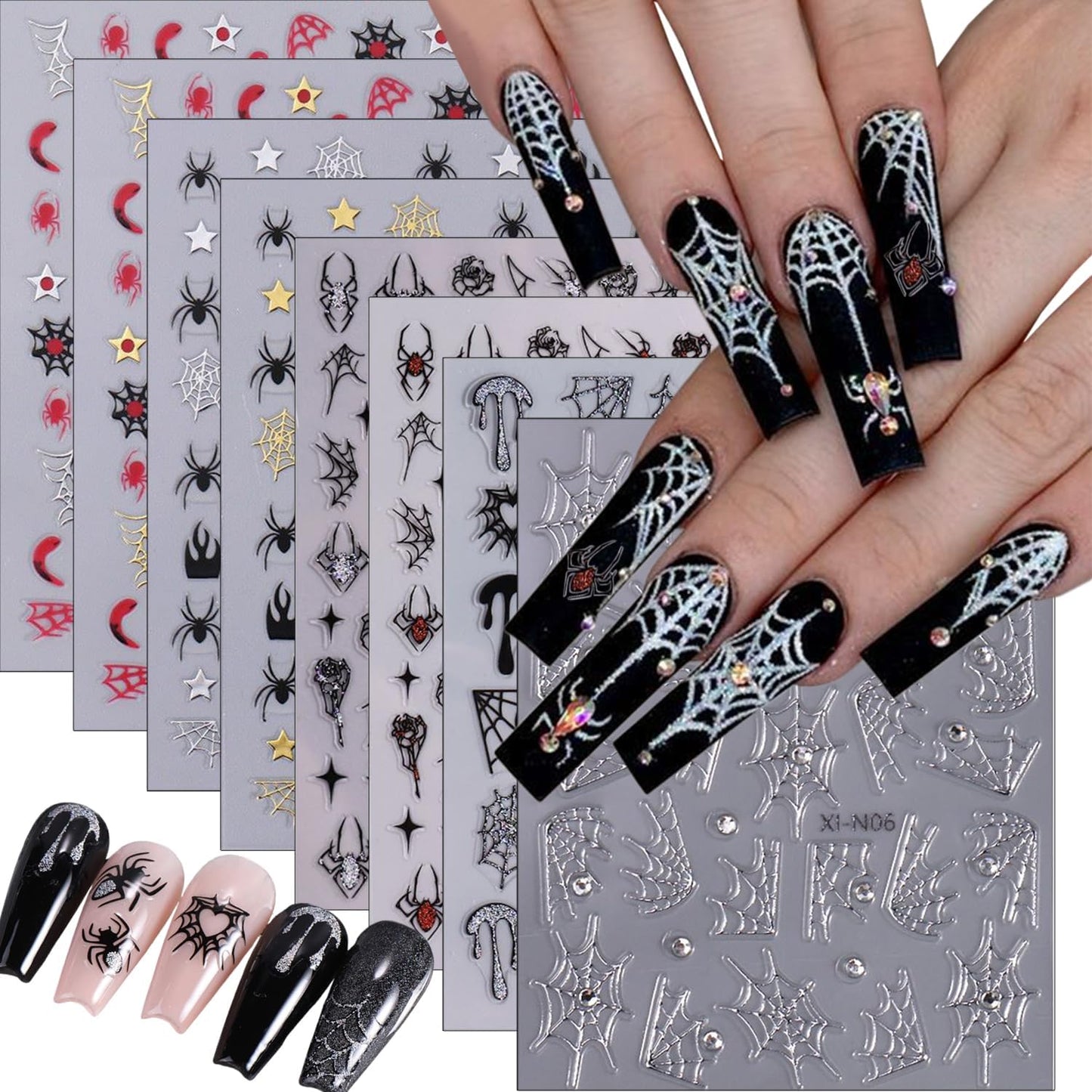 Glitter Halloween Nail Stickers for Nail Art Decoration 8Pcs Funny Spider Web Nail Art Stickers with Rhinestones Nail Design Supplies Gold Silver Blood Rose Star Spider Nail Decals for Halloween Nails