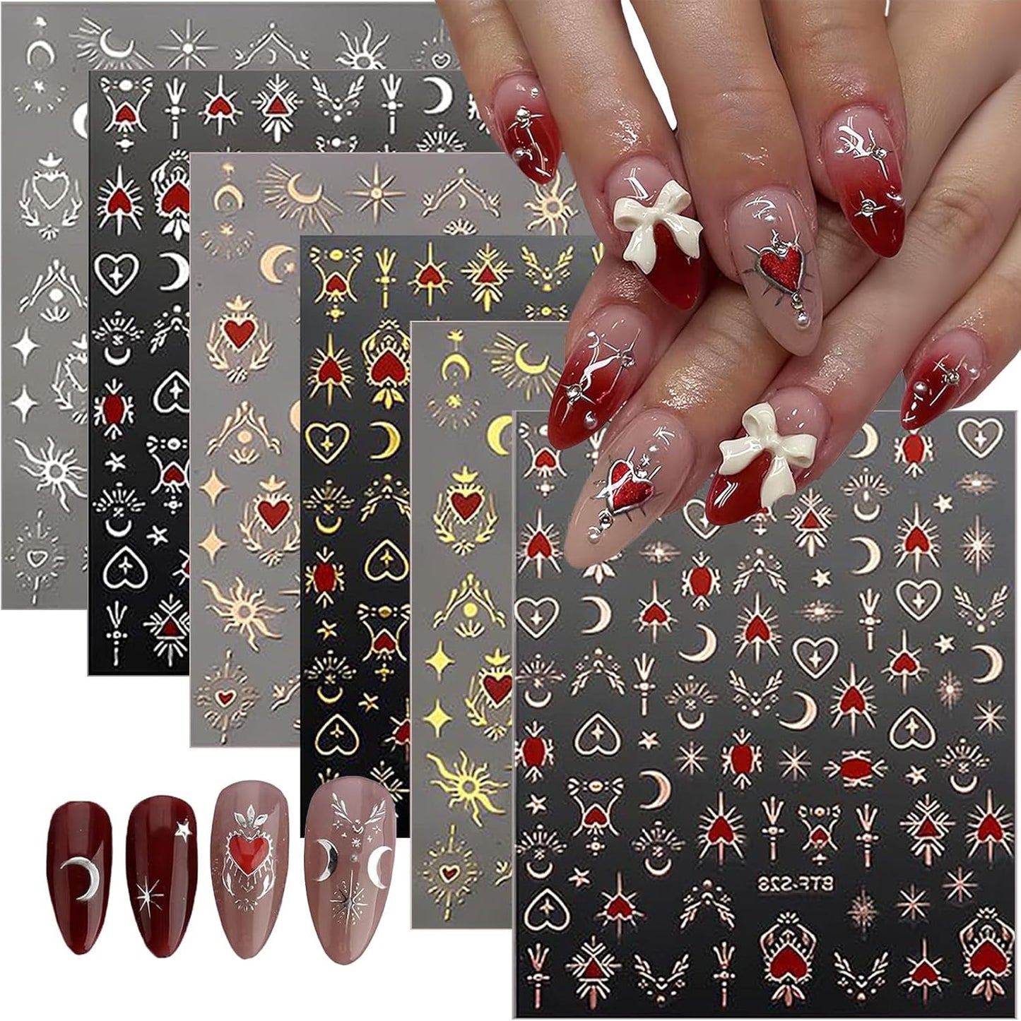 Gold Nail Stickers Decals 12 Sheets Sun Moon Nail Art Stickers Decals 3D Self Adhesive Star Nail Decals Design Heart Nail Supplies Charms for Women Girls Nail Art Manicure Decoration