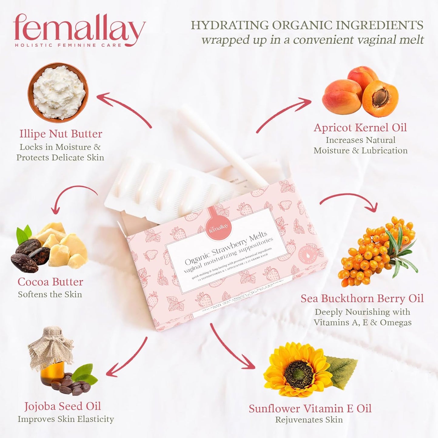 Femallay Organic Vaginal Moisturizing Suppositories – Strawberry 2 Pack – 100% Natural Relief for Dryness, Odor & Daily Feminine Discomfort – 14 Count + Applicator
