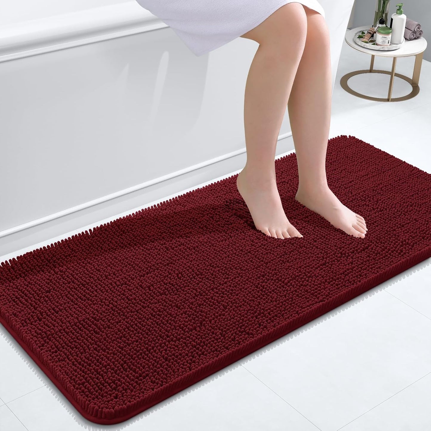 OLANLY Bathroom Rugs 47x20, Extra Soft Absorbent Chenille Bath Rugs, Rubber Backing Quick Dry, Machine Washable Bath Mats for Bathroom Floor, Tub and Shower, Home Decor Accessories, Burgundy
