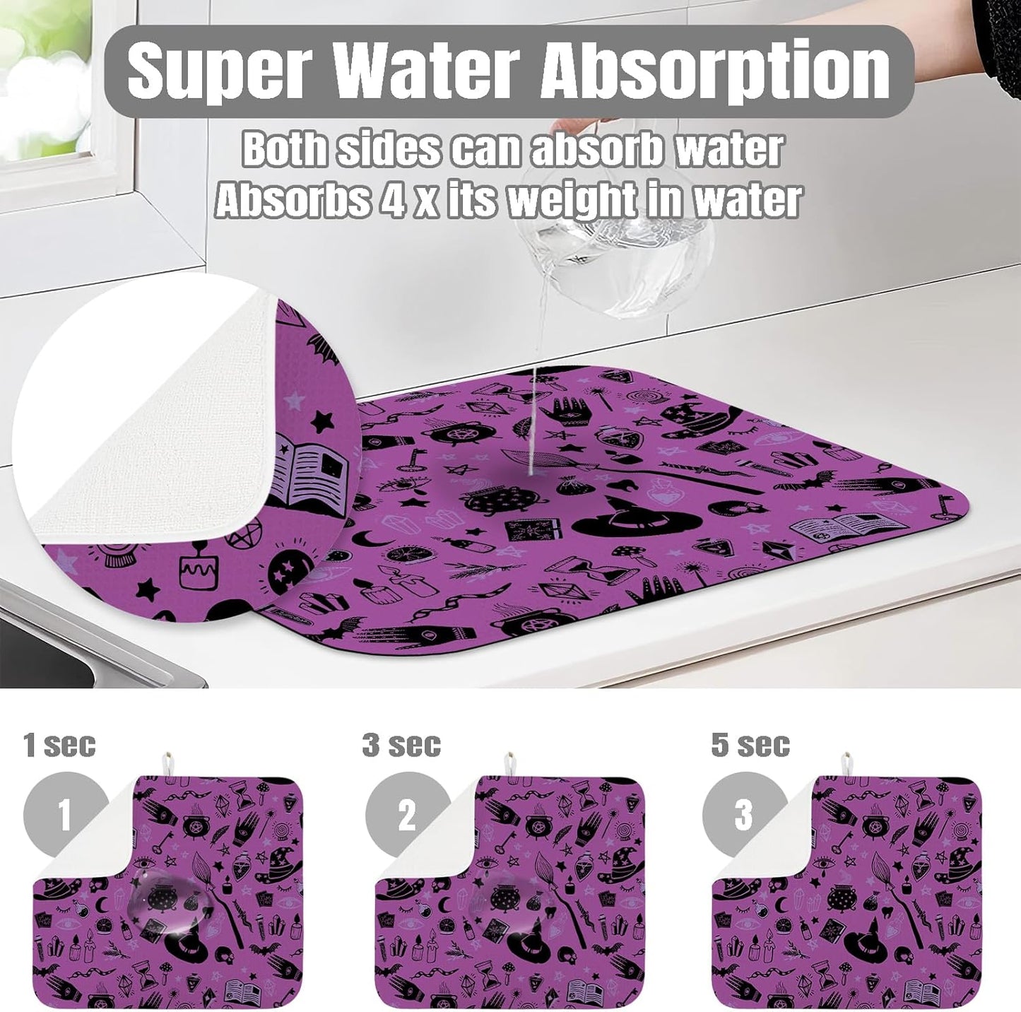 Dish Drying Mat for Kitchen Counter Large 18" x 24" Purple Halloween Witch Absorbent Microfiber Dishes Drainer Rack Mats Pad Reusable Washable