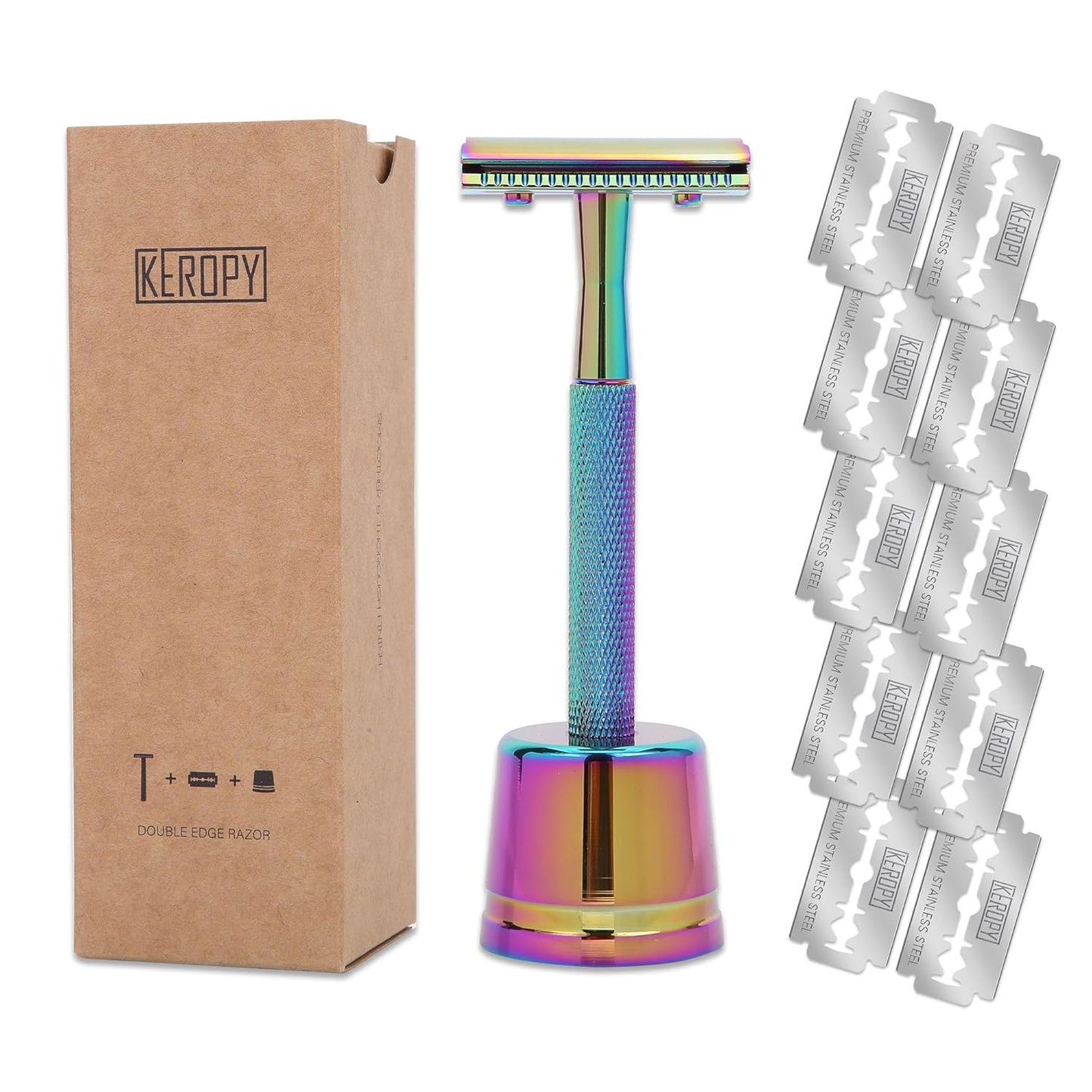 One Blade Safety Razor With Stand and 10 Premium Stainless Steel Reusable Safety Razor For Men and Women, Single Blade Safety Razors, Rainbow