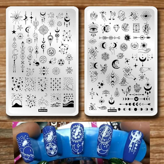 Starry Star Moon Design Stamping Plates Nail Art Kit 2pcs Galaxy Night Sky Large Nail Stamp Plates Templates Space Planet Nail Stamper Plate Heart Sun Geometry Printing Stencils Reusable Tools