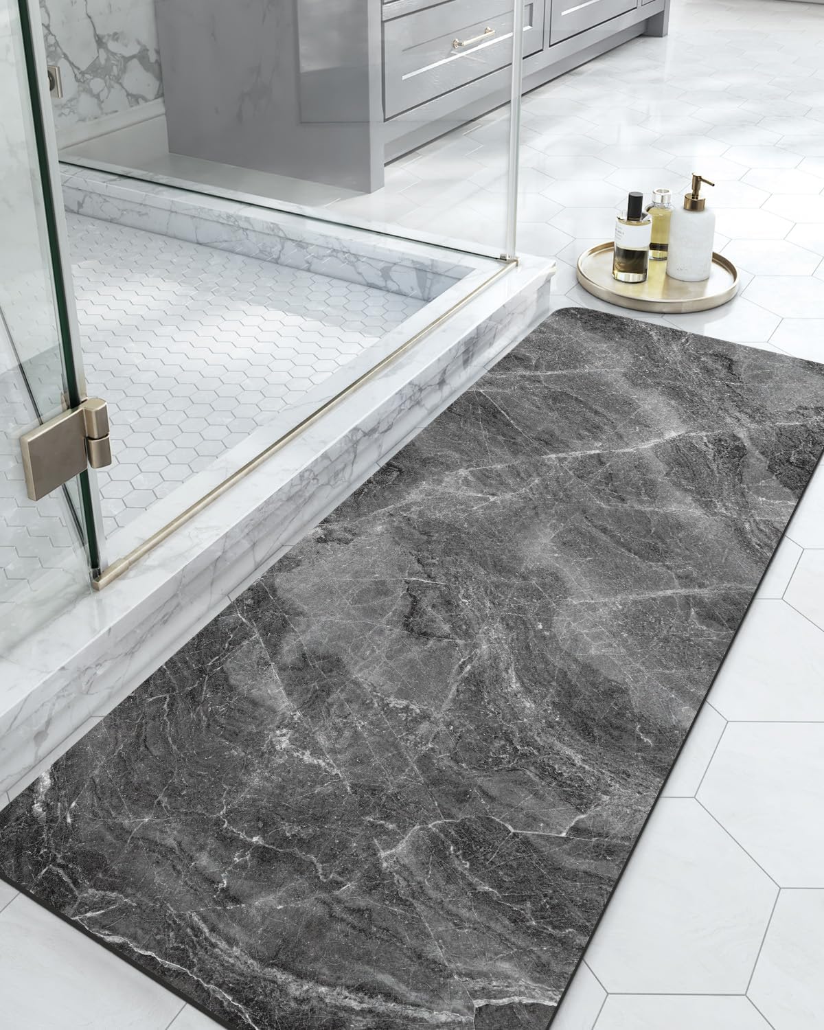 DEXI Bath Mat 17x43, Non Slip Quick Dry Rugs, Super Absorbent Ultra Thin Marble Bathmat, Washable Rubber Mats for Shower Floor, in Front of Bathtub, Sink, Bathroom Accessories Decor, Dark Grey