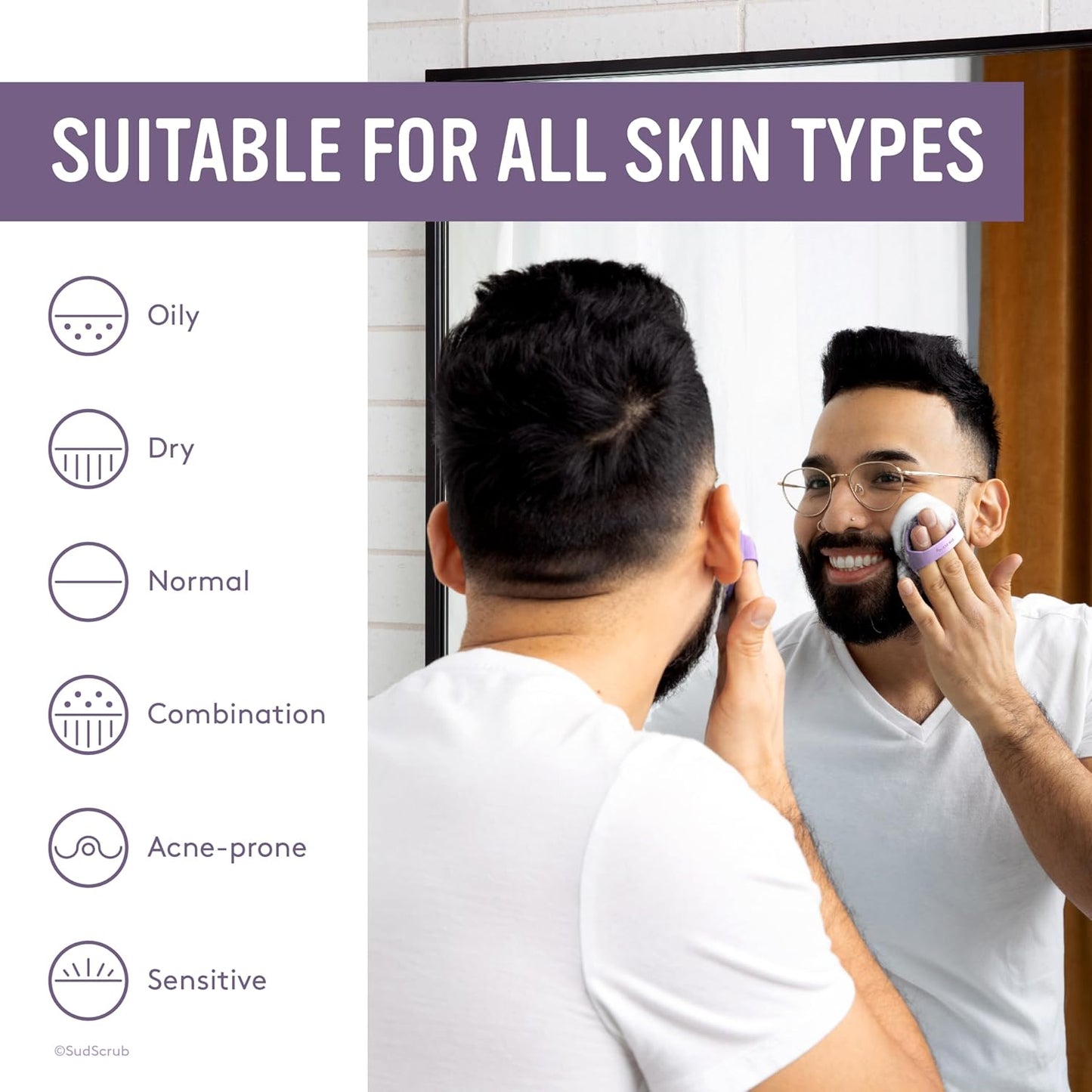 Sud Scrub® Antimicrobial Silicone Face Scrubber, 1 Pack, Gentle Face Exfoliator for Sensitive Skin, Eco Friendly Facial Cleansing Brush, Exfoliating Face Brush for Men and Women (Purple)