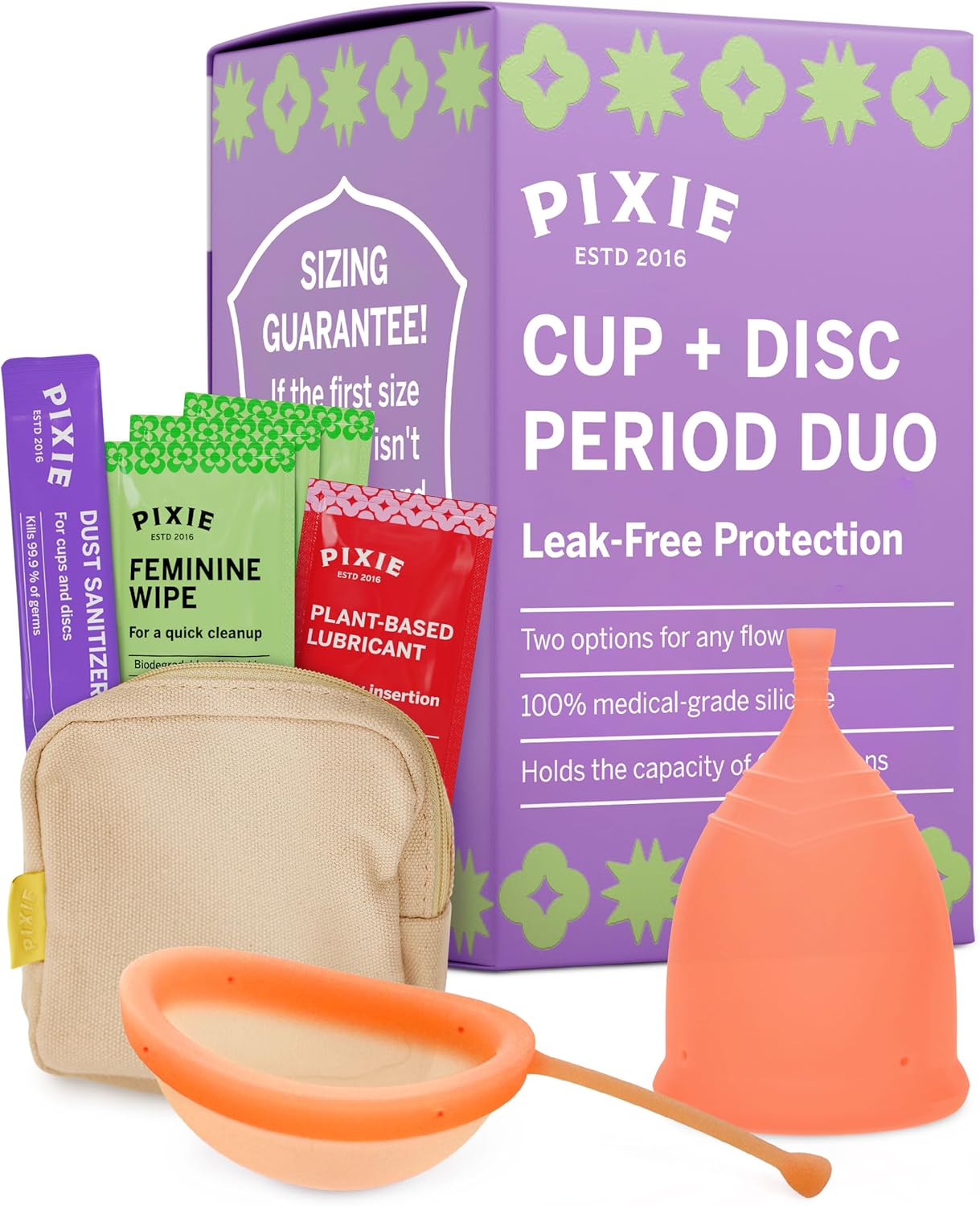 Pixie Menstrual Cup & Disc Duo - Ranked 1 for Most Comfortable Reusable Period Cup & Disc - Buy One We Give One - Includes Ebook Guide, Flushable Wipes, Lube, Sanitizer & Storage Bag
