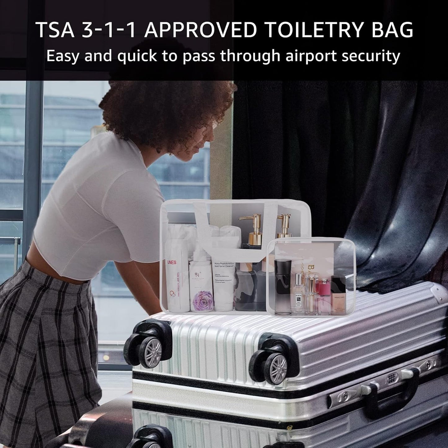 4Pcs Crystal Clear PVC Travel Toiletry Bag Kit for Women Men, Waterproof Vinyl Packing Organizer Storage Bags with Zipper Handle Straps, Cosmetic Pouch Carry on Airport Airline Compliant Bag Handbag