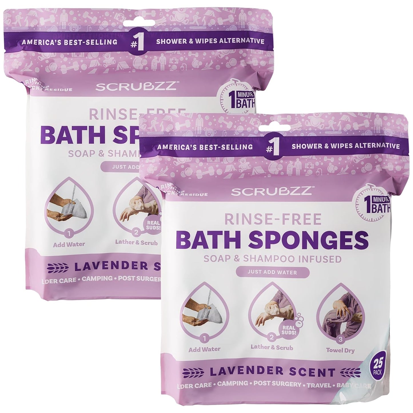 Scrubzz Disposable No Rinse Bathing Wipes - All-in-1 Single Use Shower Wipes, Simply Dampen, Lather, and Dry Without Shampoo or Rinsing (Lavender, 2-Pack)