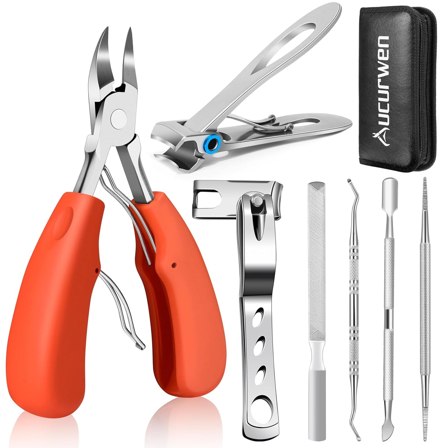 Toenail Clippers for Seniors Thick Toenails, Aucurwen Heavy Duty Toe Nail Clippers Adult Thick Nails Long Handle, Large Toenail Clippers for Thick Nails 7Pcs(Orange)