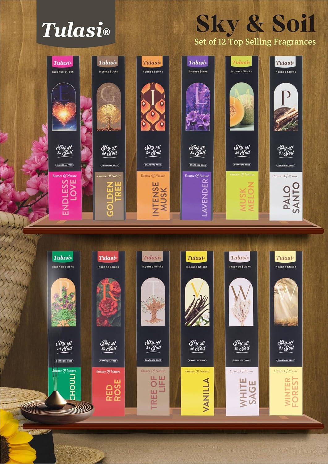 Tulasi Incense Sticks Gift Set – 144 Natural Scented Sticks (12 Fragrances) – Aromatherapy, Meditation, Yoga, Stress Relief, Air Purification – Long-Lasting Fragrance Gift Box (40g)