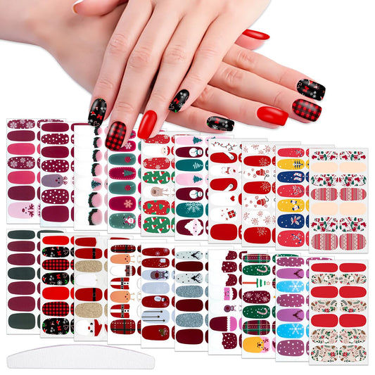 WOKOTO 20pcs Christmas Nail Polish Stickers - Full Nail Wraps, Holiday Nail Art Strips with 280 Tips - Christmas Tree, Socks, Elk, Snow Designs Stickers for Women Girls Nails Gel Strips Wraps