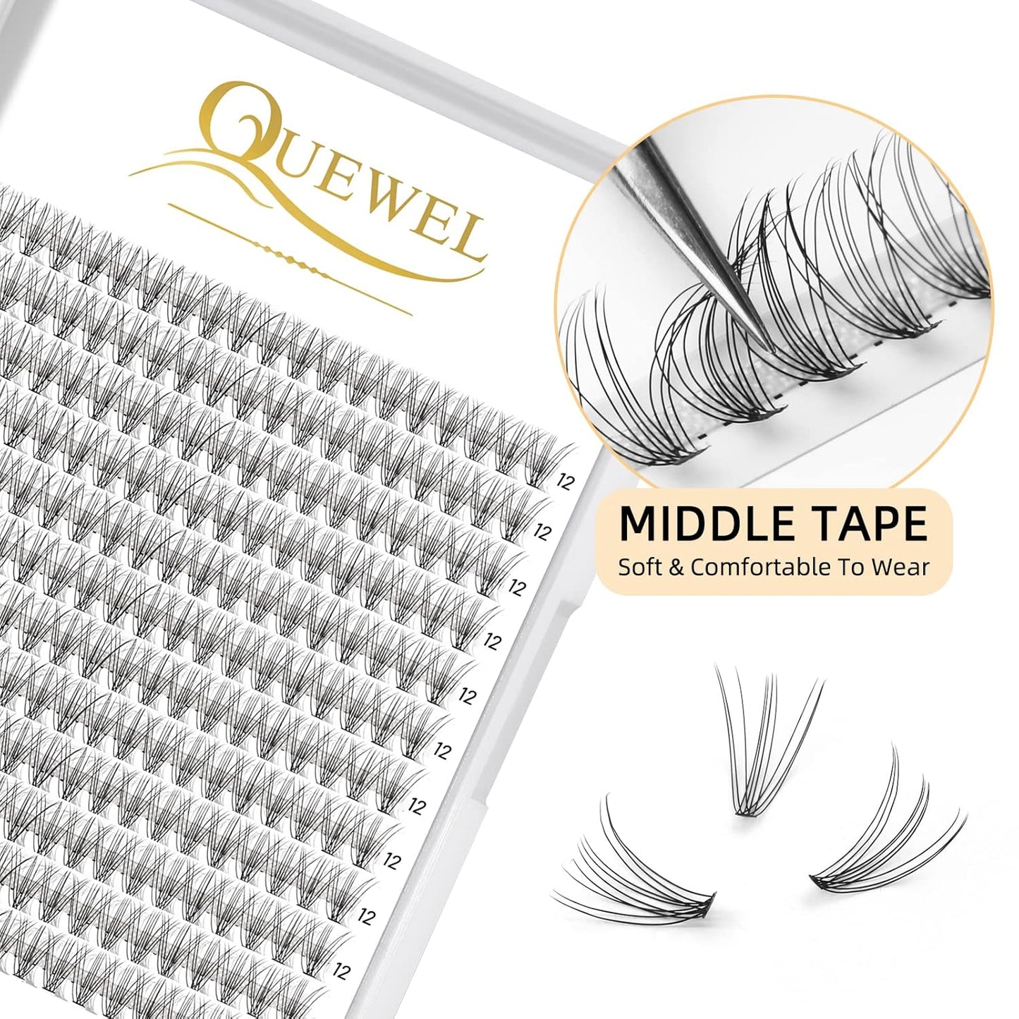 QUEWEL Cluster Lashes 240Pcs Individual Lashes 10D 0.10D Curl 12mm Knot-Free Lash Extensions Clusters Lashes Soft&Natural False Eyelashes Individual DIY Eyelash Extension at Home(10D 0.10D 12)
