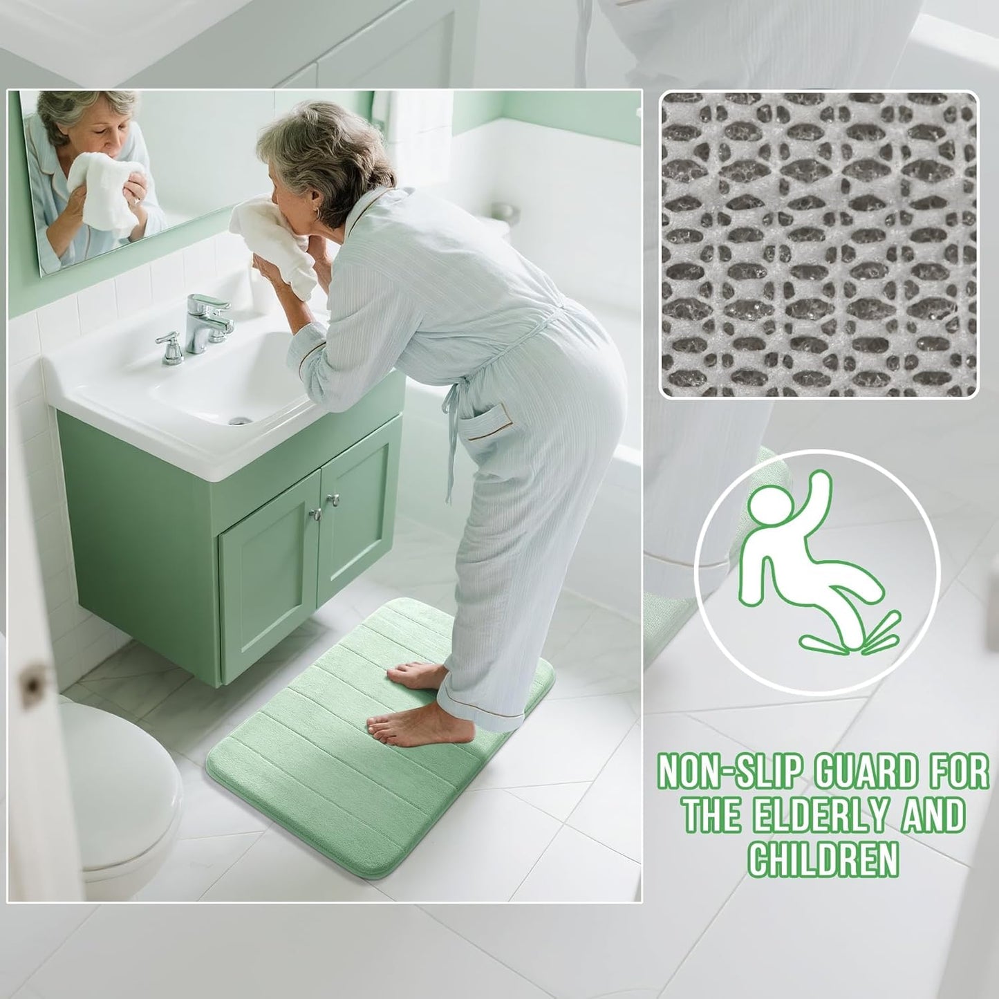 Yimobra Long Bath Mat 44"x24", Super Soft Quick Dry Memory Foam Bathroom Rug, Water Absorbent, Non Slip Backing Machine Washable for Tub Shower, Thick Comfort Support, Pale Green