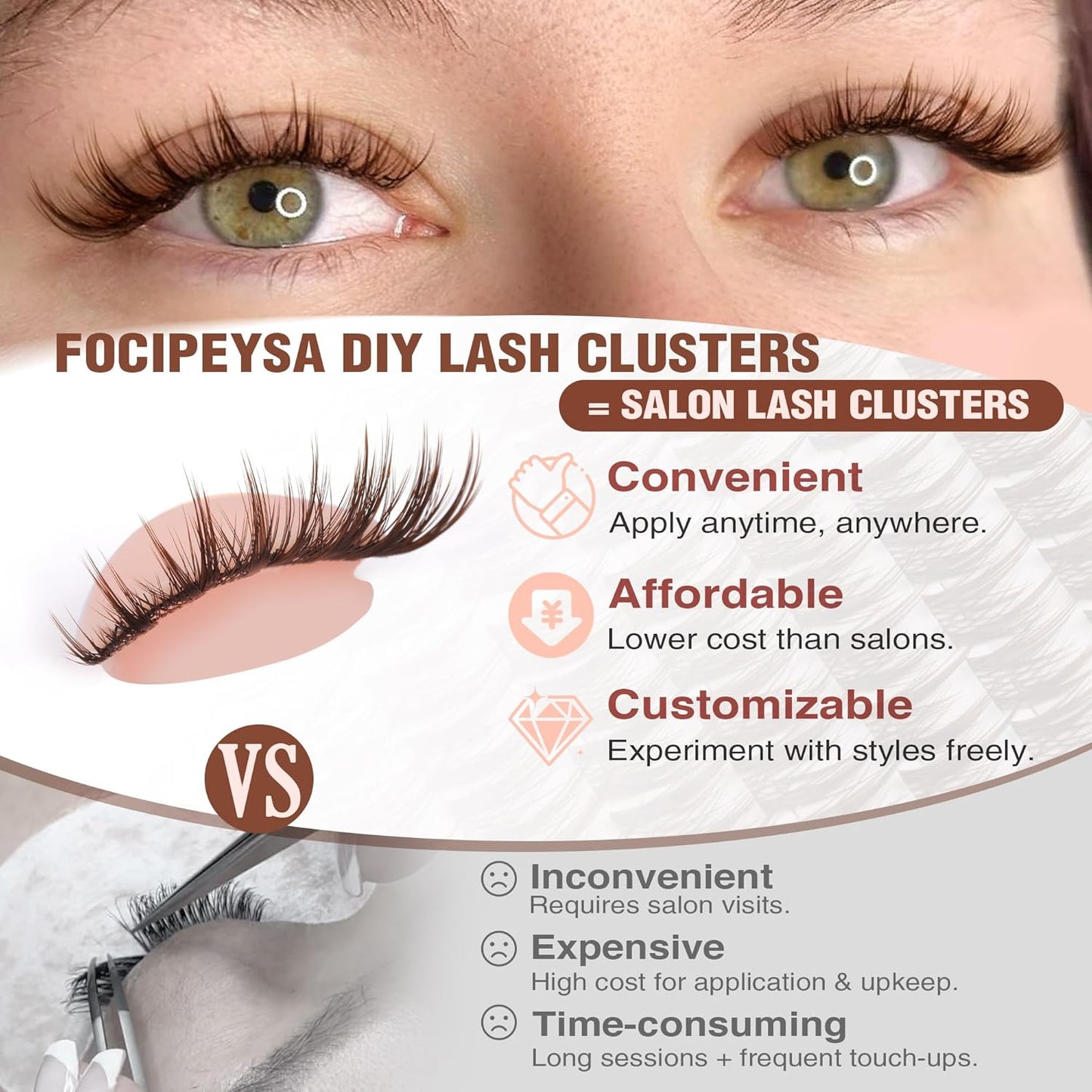 Focipeysa Brown Lash Clusters Spiky Brown Clusters Eyelashes Extensions 10-16mm Eyelash Clusters Wispy Eye Lash Clusters Natural Eyelashes Clusters DIY Salon Effect Lash Extension at Home