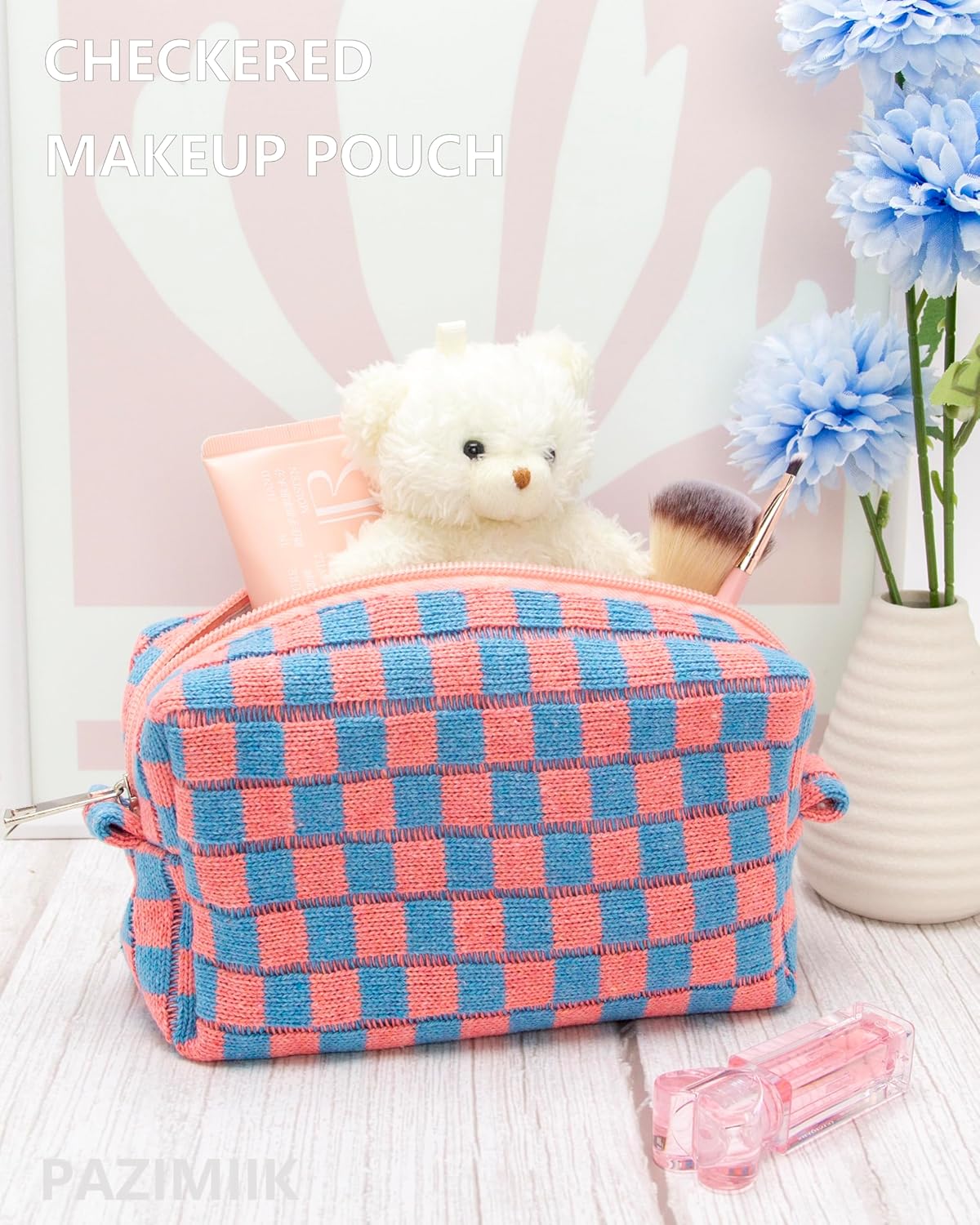 PAZIMIIK Checkered Makeup Bag for Purse Portable Zipper Make Up Pouch Small Cosmetic Case for Travel Red Blue