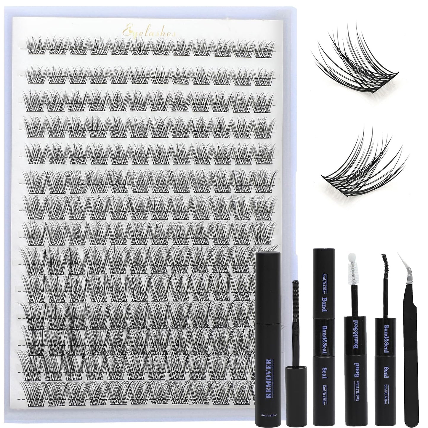 Lash Clusters Kit, Eyelash Clusters Individual Lash Extension Kit D Curl Fluffy Wispy False Eyelashes Extensions Thin Band with Bond Seal Tweezers Brush (SMY08 8-16mm)