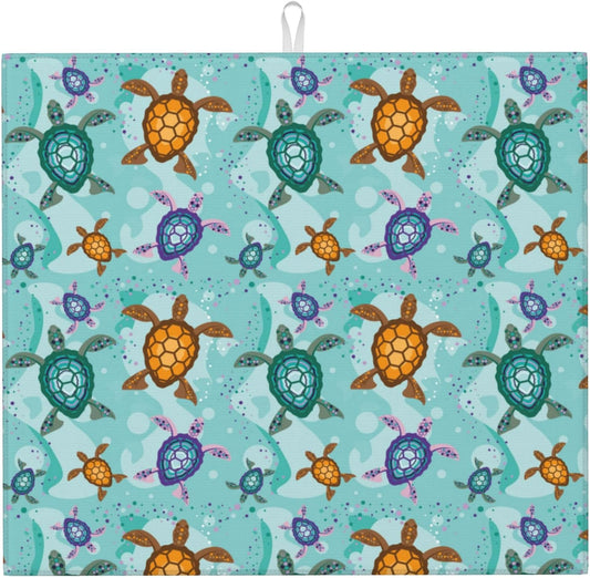 Cute Sea Turtle Beach Kitchen Drying Mat Ocean Themed Decorative Microfiber Dish Drainer Mat for Kitchen Counter Absorbent Reusable Washable 16x18 Inch