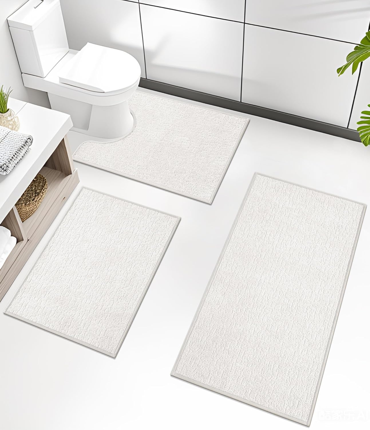 chakme Bathroom Rug Sets 3 Piece, Ultra Thin Bath Mat Quick Dry Bath Mat Set, Absorbent Bath Mat for Bathroom Non Slip Machine Washable, (White, 3 Piece)