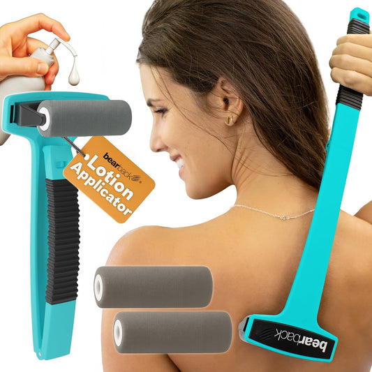 bearback Lotion Applicator for Back & Body – Long Reach Folding Handle with 2 Reusable Foam Rollers – Apply Lotion, Medication, Ointment, Sunscreen, Self Tanner – American Small Business (Teal)