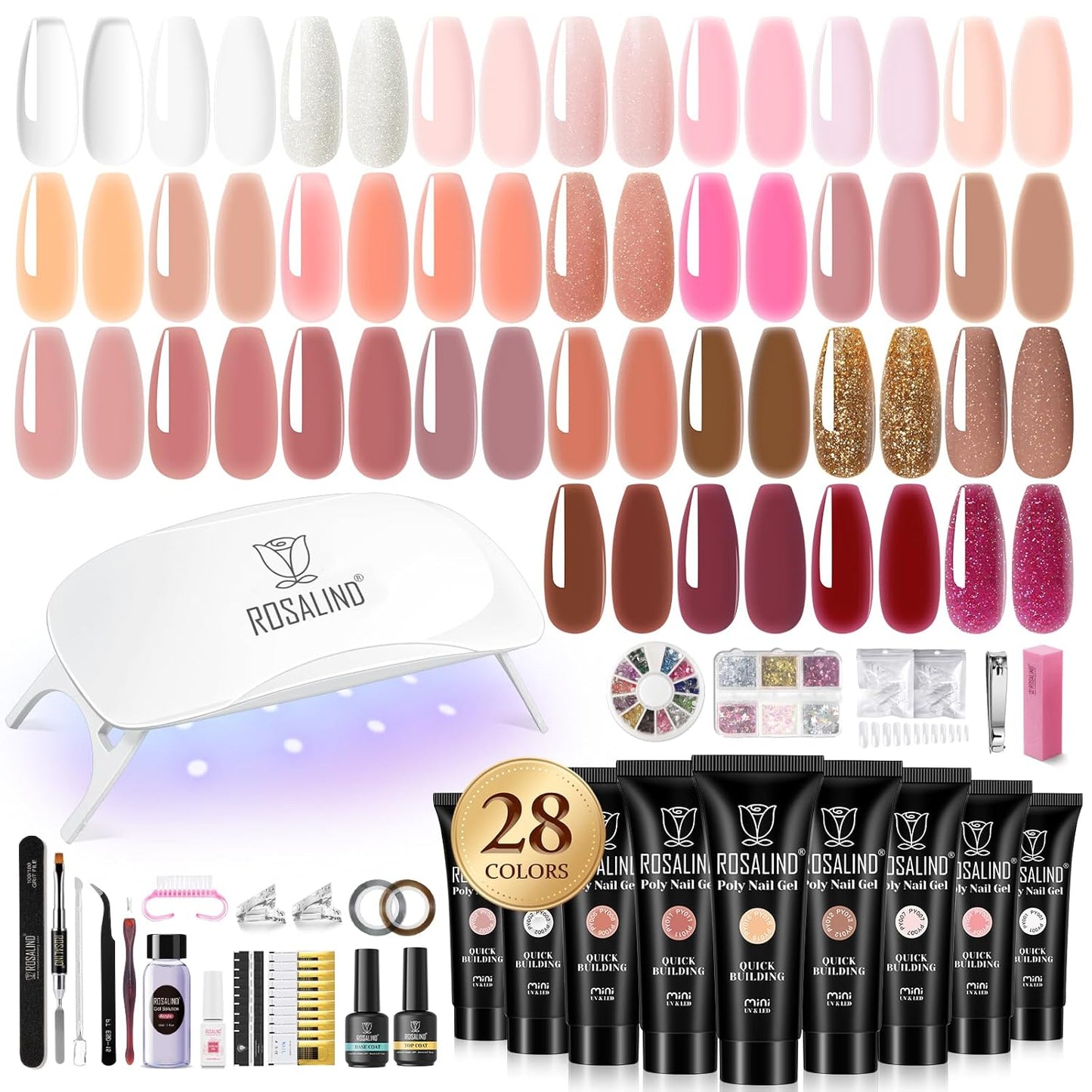 ROSALIND Poly Nail Gel Kit for Beginners - 28 Colors Extension Gel Set with UV/LED Nail Lamp, 72 Accessories (Base/Top Coat, Nail Forms, Tools), Long Lasting Salon Kit for DIY Manicure