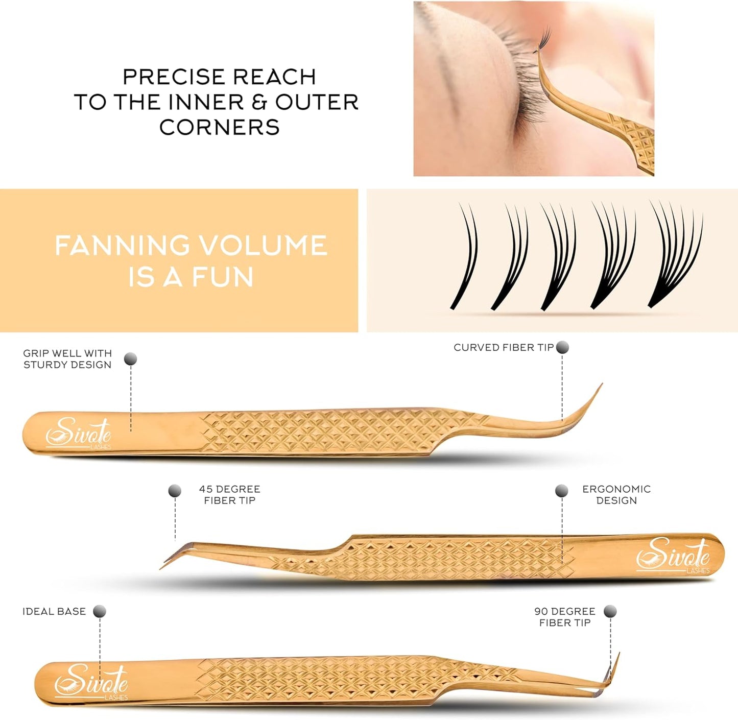 SIVOTE Eyelash Extension Tweezers Fiber Tips Japanese Steel, Set of 6, Curved, Dolphin, 90 Degree 45 Degree, Volume Boot & Slight Curved Tweezer, Gold