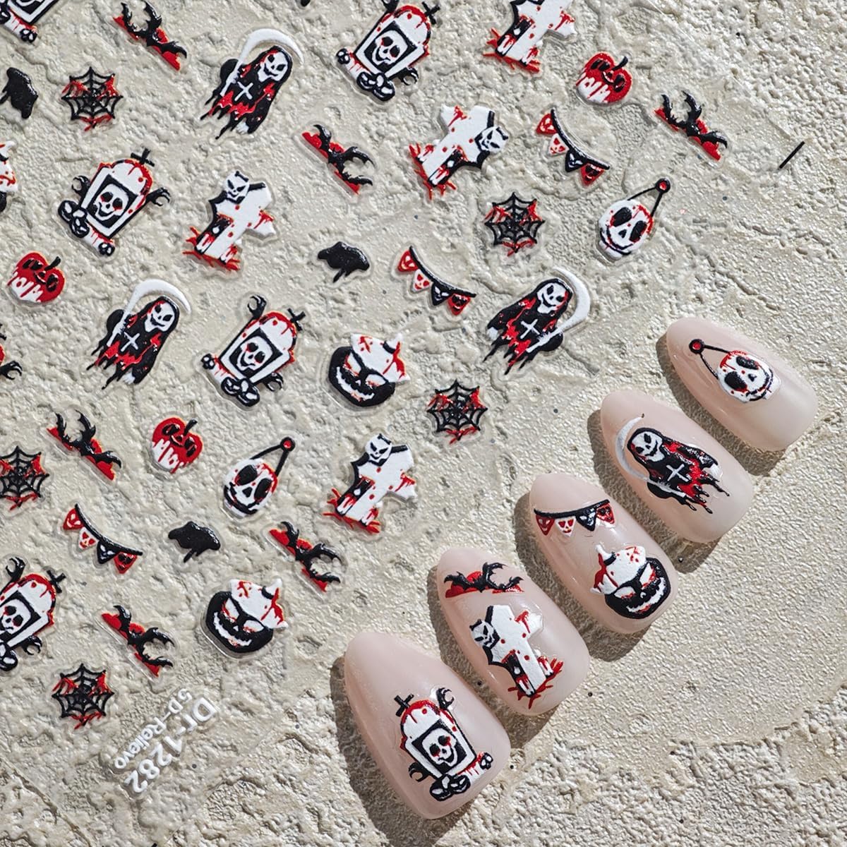 Halloween Nail Stickers Ghost Nail Art Decals with Black White Design 5D Self Adhesive Bat Nail Art Stickers Nails Charms Supply foe Women Girls Kid Horror Manicure Decoration