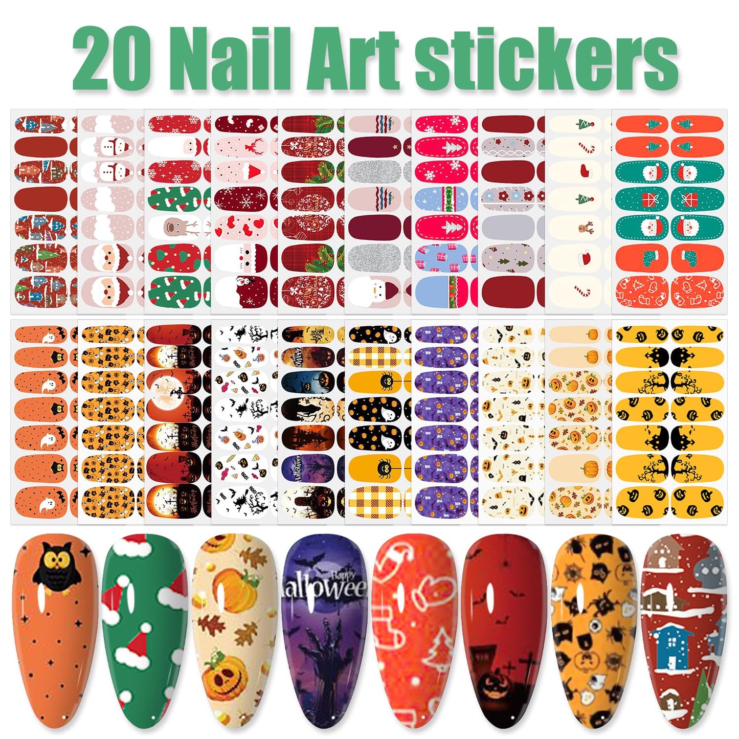 WOKOTO 20 Sheets Mixed Halloween Christmas Nail Polish Strips Full Nail Wraps Stickers for Women Nail Art Pumpkin Bat Ghost Witch Spider Halloween Nail Polish Stickers Gel Nail Wraps for Girls