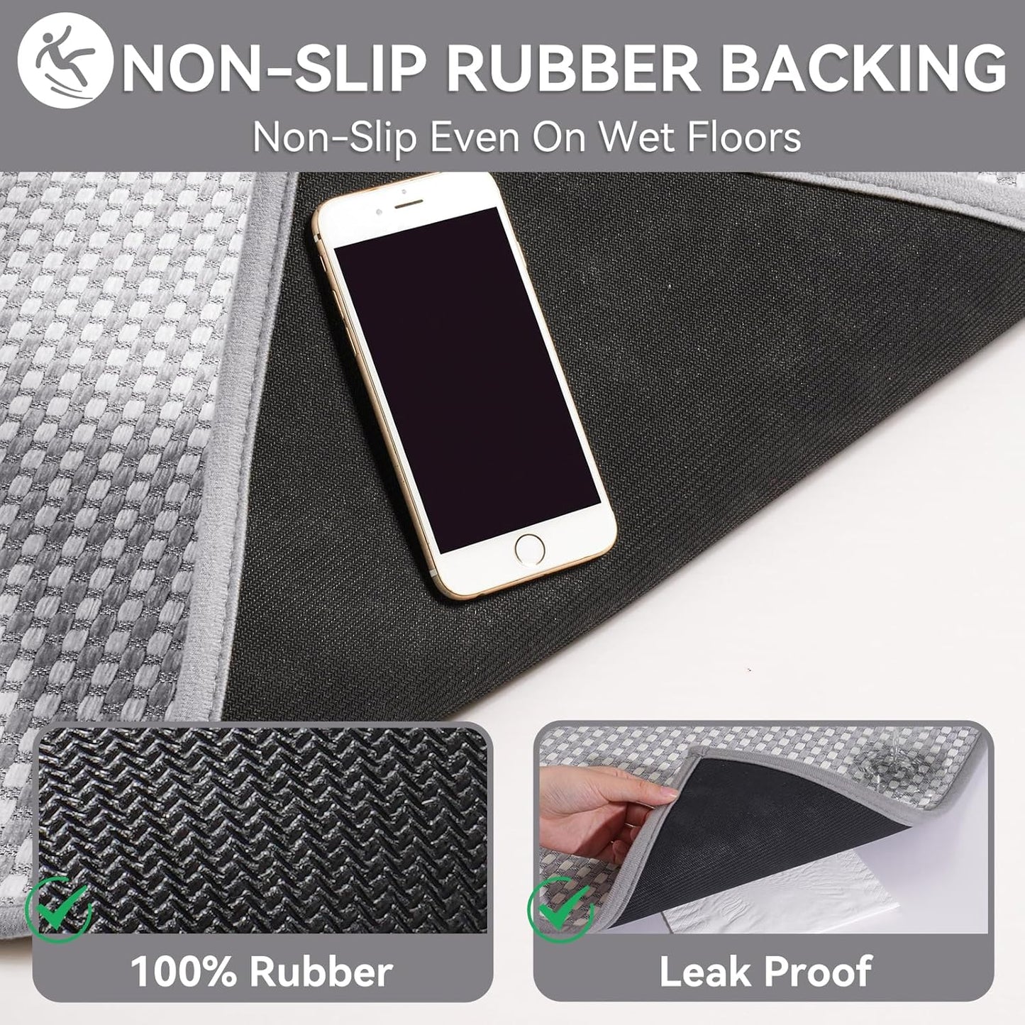 Non Slip Bath Mat Bathroom Rugs, Soft Braided Ultra Thin Bath Mats, Super Absorbent Quick Dry Bath Rug Shower Mat, Rubber Backing, Fit Under Door Bathroom Floor, Machine Washable, Gray 16" x 24"