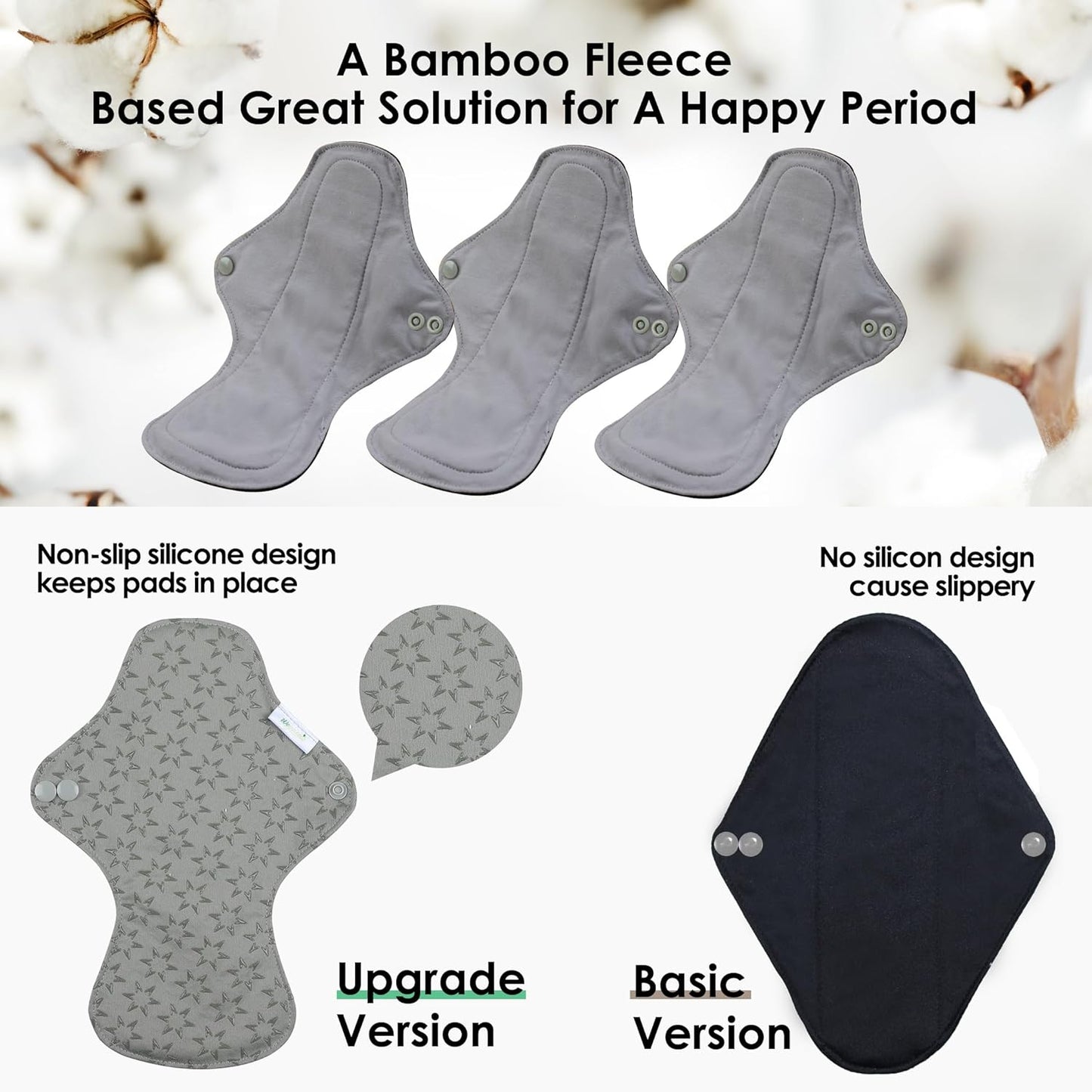 wegreeco 6 Pcs Reusable Menstrual Pads, Ultra Absorbent Cloth Pads for Heavy Flow, Sanitary for Teens, Women, Nonslip, Grey Inner, Grey Outer, Small