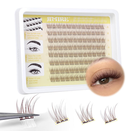 JIMIRE Brown Self-Adhesive Eyelashes - Press on Lash Clusters, Natural Look, Pre-Glued, Wispy 10-12MM Individual Lashes, Clear Band, Reusable Cluster Eyelash Extension