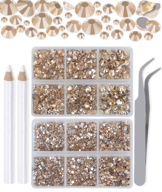 LPBeads 6000 Pieces Champagne Non Hotfix Rhinestones 6 Sizes Round Crystal Glass Flat Back Rhinestones with Tweezers and Picking Pen for Nail Art Crafts Clothes Bags DIY
