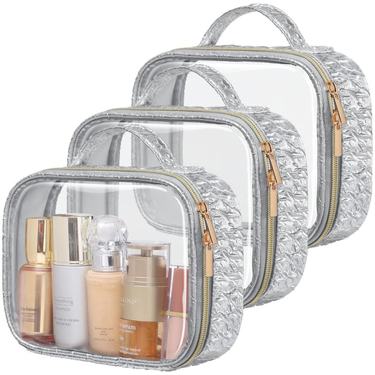 PACKISM TSA Approved Toiletry Bag - 3 Pack Ruched Textured Clear Makeup Bag, Metallic Silver, with 180° Large Opening and Supporting Frame, Perfect for Travel Essentials, Thick No Smell