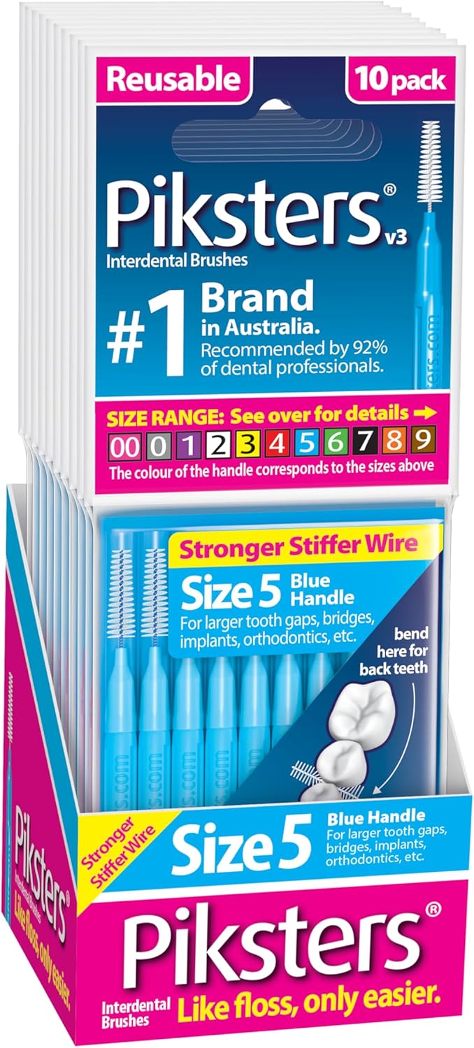 Piksters Interdental Brushes, Size 5, 100 Count (10 x 10 Packs), Interdental Tooth Brush for Large Gaps, Gum Soft Bristles for Plaque Removal, Safe for Braces (100 pk)