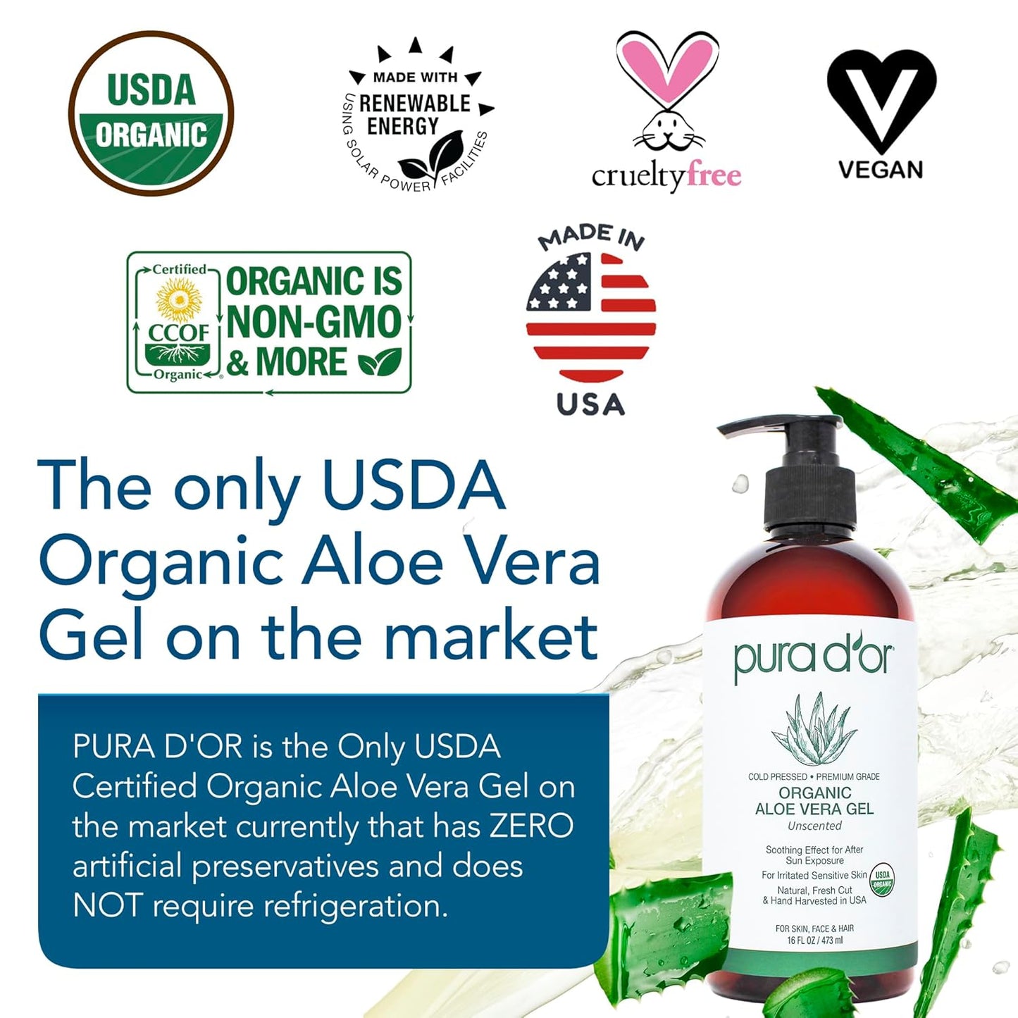 PURA D'OR 16 Oz ORGANIC Aloe Vera Gel - Unscented - All Natural - ZERO Artificial Preservatives - Deeply Hydrating & Moisturizing - Sunburn, Bug Bites, Rashes, Small Cuts, Eczema Relief - Skin & Hair