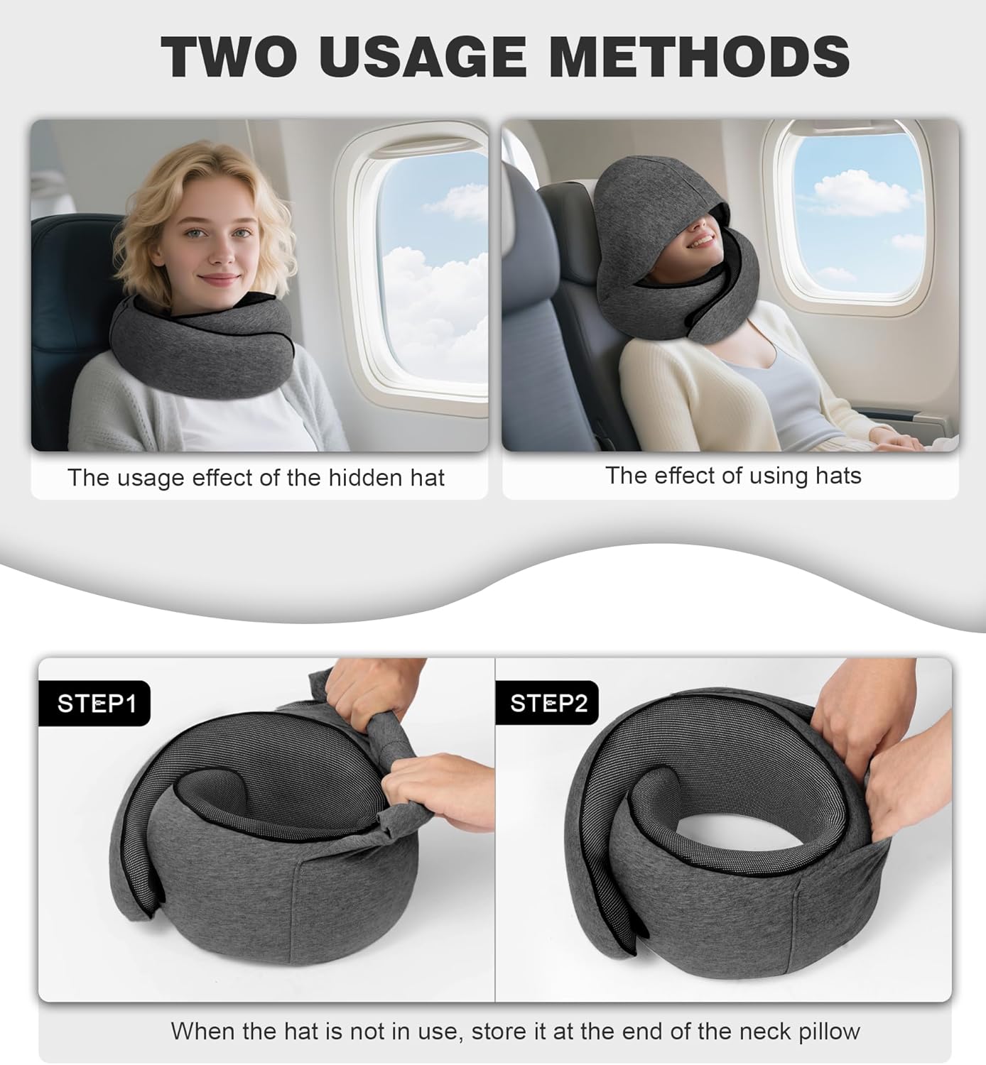 Hidden hat Airplane Travel Neck Pillow, Memory Foam Long-Distance Travel Neck Pillow, Suitable for use on Planes, in Cars and When Sleeping in The Office, Protecting Your Neck.