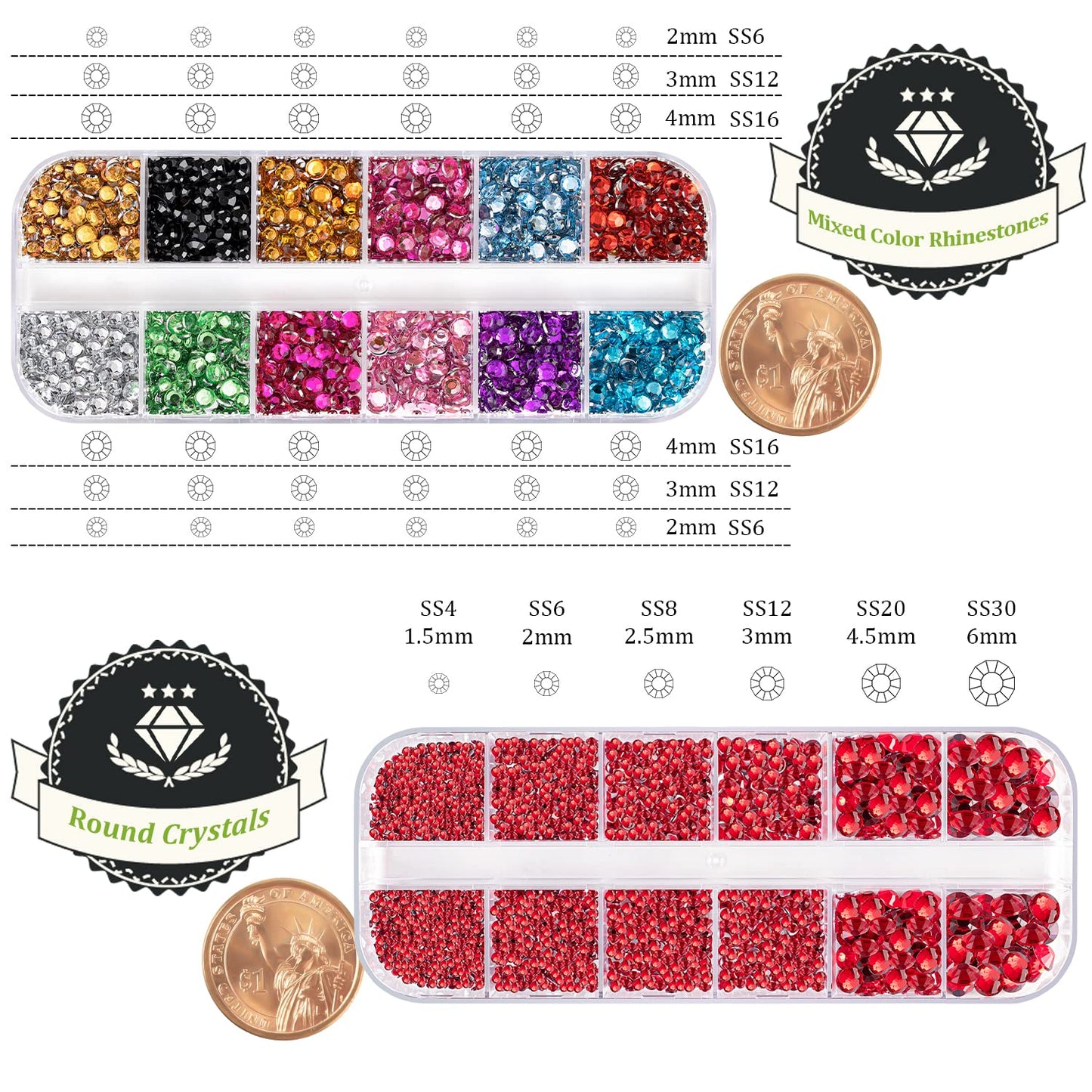 Two Packs of Flatback Rhinestones 4520 Pcs Colorful Nail Art Rhinestones Flatback Crystal Colorful+Red Rhinestone with Picker Pencil and Tweezer for Nail Art and Decoration