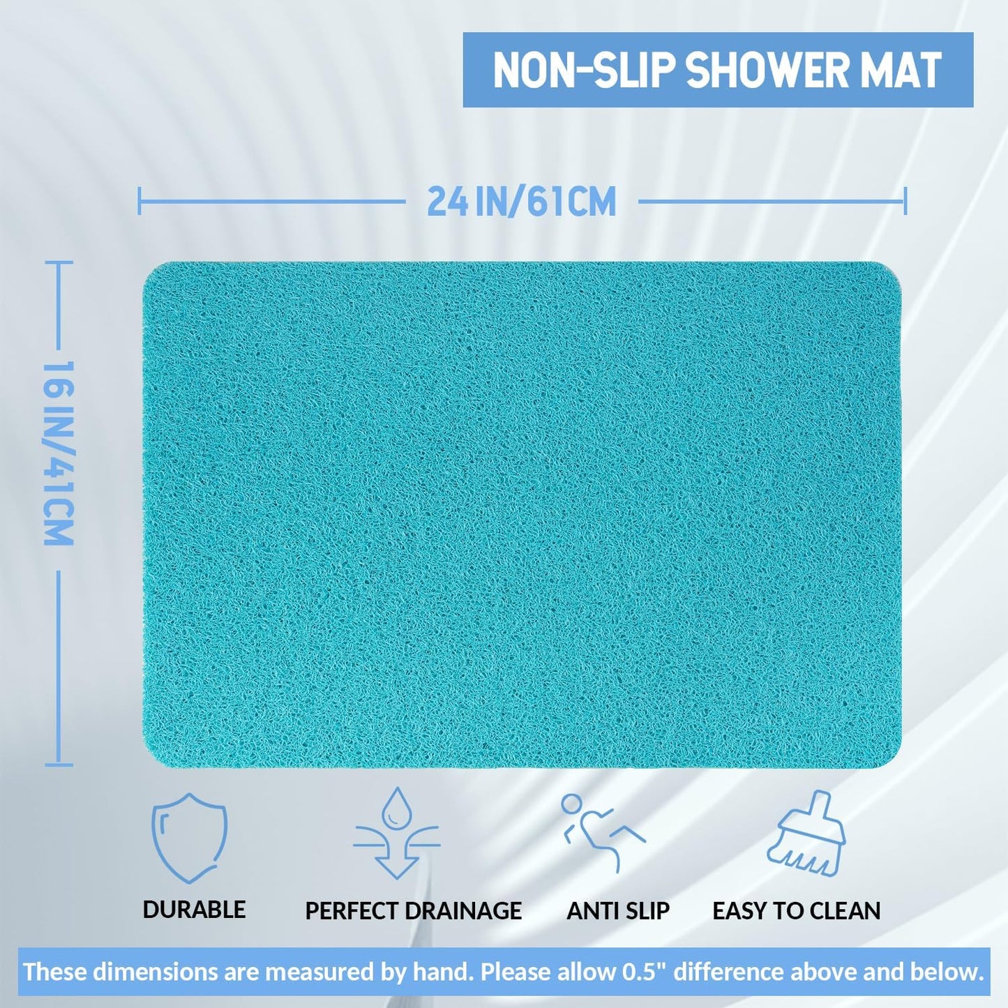 Non-Slip Bathtub Mat, Anti Slip Shower Mat, Fast Drying Bathtub Mats, Foot Scrubber Mat, Anti Slip Mat for Tub, Floor, Bathroom, Kitchen, Home, Hotel (Turquoise Blue 24"×16")