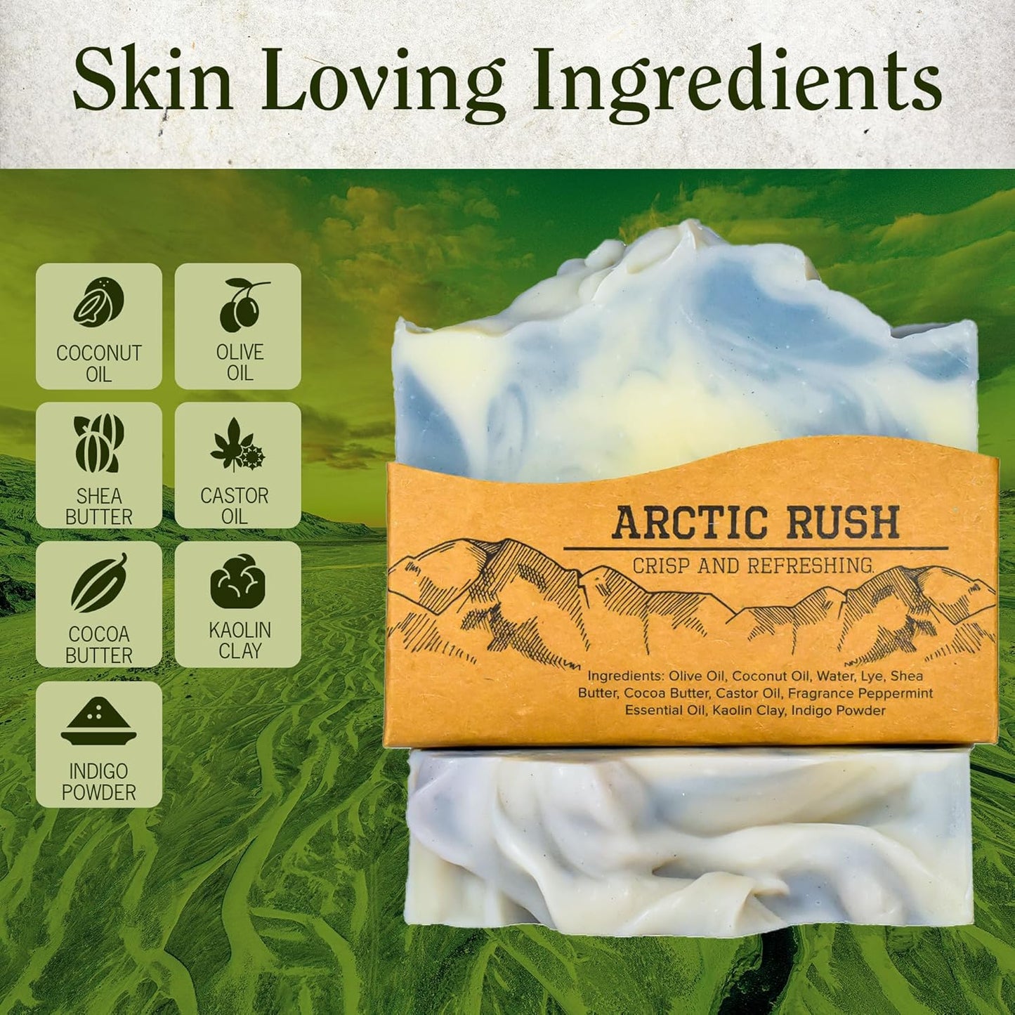 CompassSoap Arctic Rush | Natural Bar Soap for Men & Women | Body & Face Soap Bar for Women and Men | Minimalist & Gentle Lather | Natural Bath Soap, Paraben & Phthalate Free | 5 oz, Pack of 2