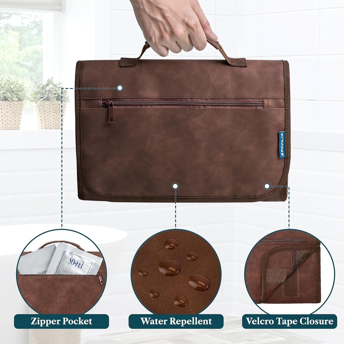 PAVILIA Hanging Toiletry Bag Men Women, Travel Kit Foldable Large Toiletries Organizer, Roll up Cosmetics Makeup Bag Accessories, Waterproof Essentials Dopp Case (Brown)