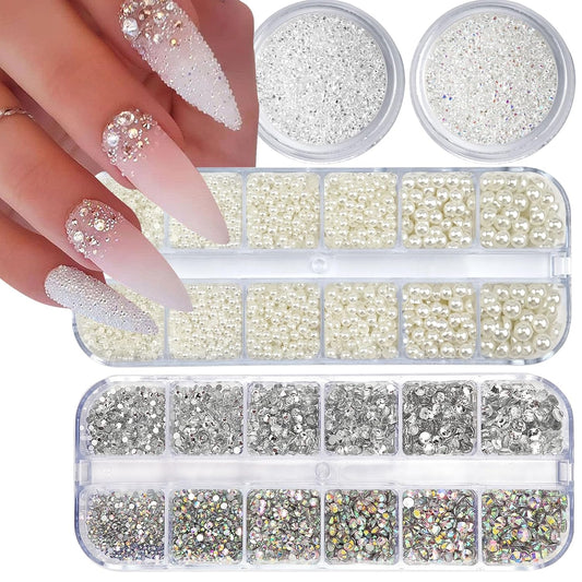 4 Boxes Flatback Rhinestones and Pearls Nail Charms for Acrylics - Crystals, Half Rounds, and Accessories for DIY Nail Art Decor