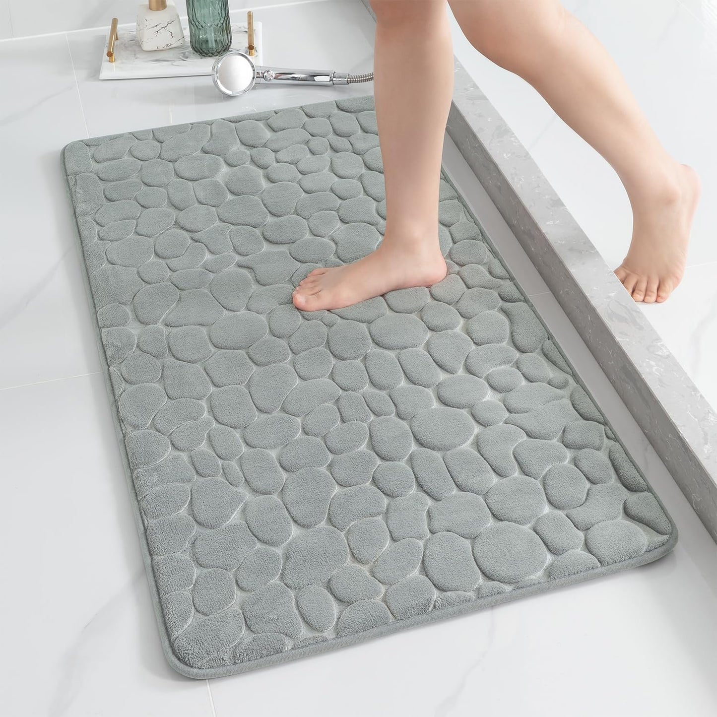 YIHOUSE Memory Foam Runner Rug, Cobblestone Bathroom Runner Rugs Super Water Absorbent Bath Mats for Bathroom Machine Washable Bath Rugs Runner for Hallway Bedroom Laundry Room(26 x 50,Light Gray)