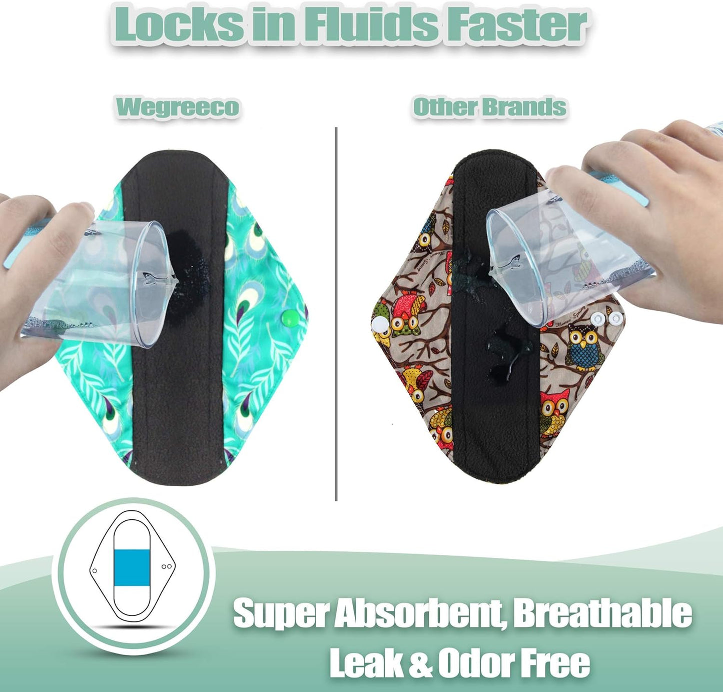 wegreeco Charcoal Reusable Menstrual Pads - Reusable Sanitary Pads | Reusable Panty Liners | Soft Cloth Menstrual Pads - 6 Pack with 1 Cloth Mini Wet Bag (Small, Leaves)