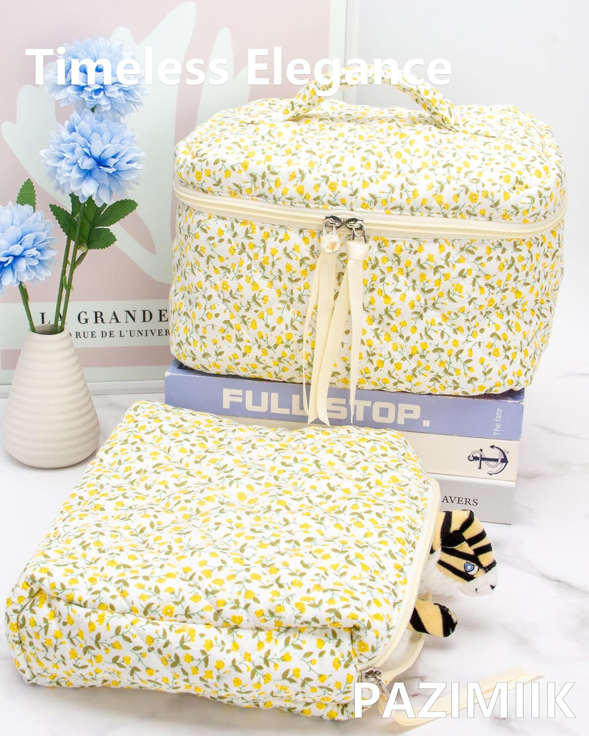 PAZIMIIK Quilted Makeup Bag Large Travel Zipper Soft Cosmetic Case for Women Girls Make Up,Floral Yellow