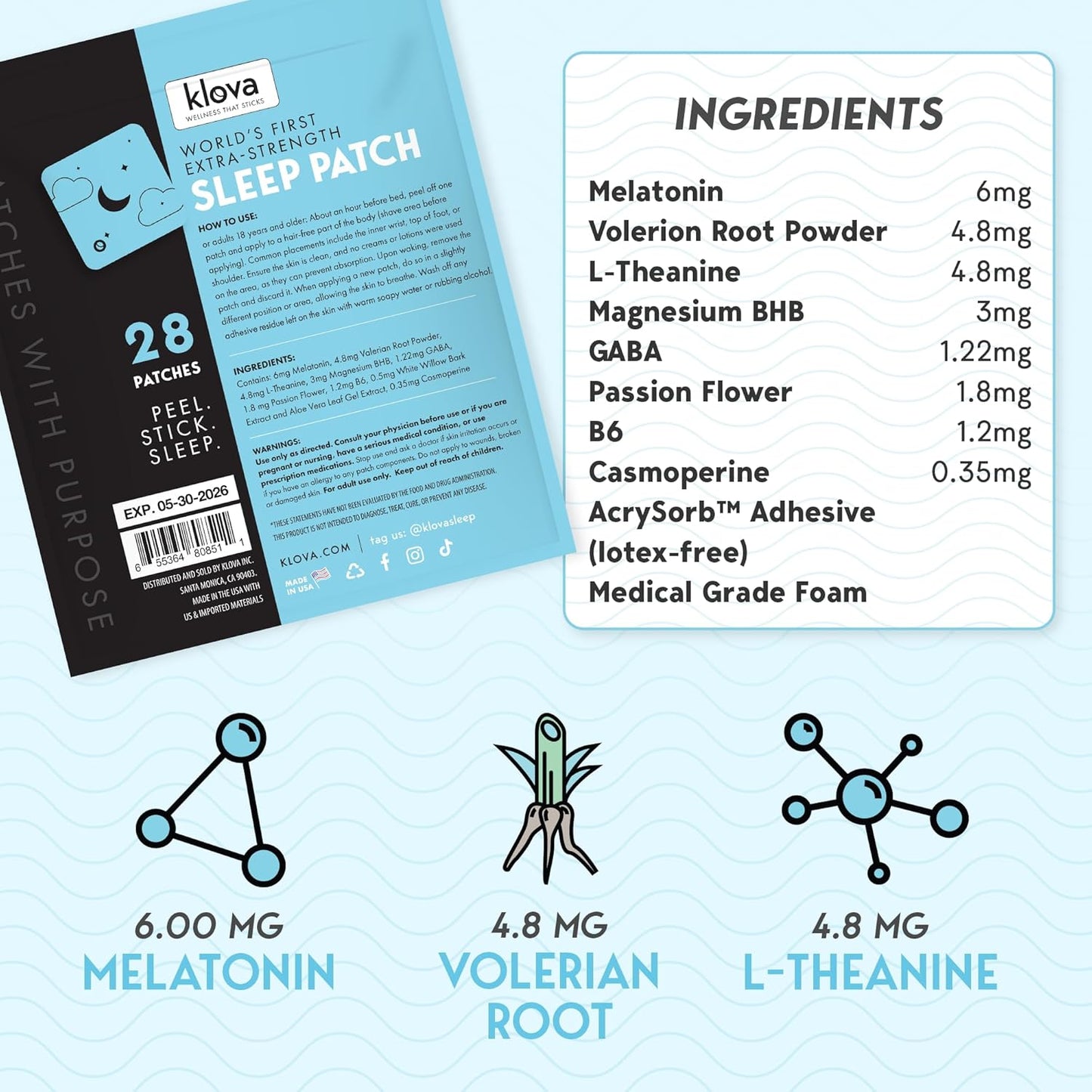 Klova Extra Strength Sleep Patches for Adults | Natural Sleep Aid with 6mg Melatonin, Valerian & L-Theanine | Non-Habit-Forming Deep Sleep Support for Men & Women | 28 Patches