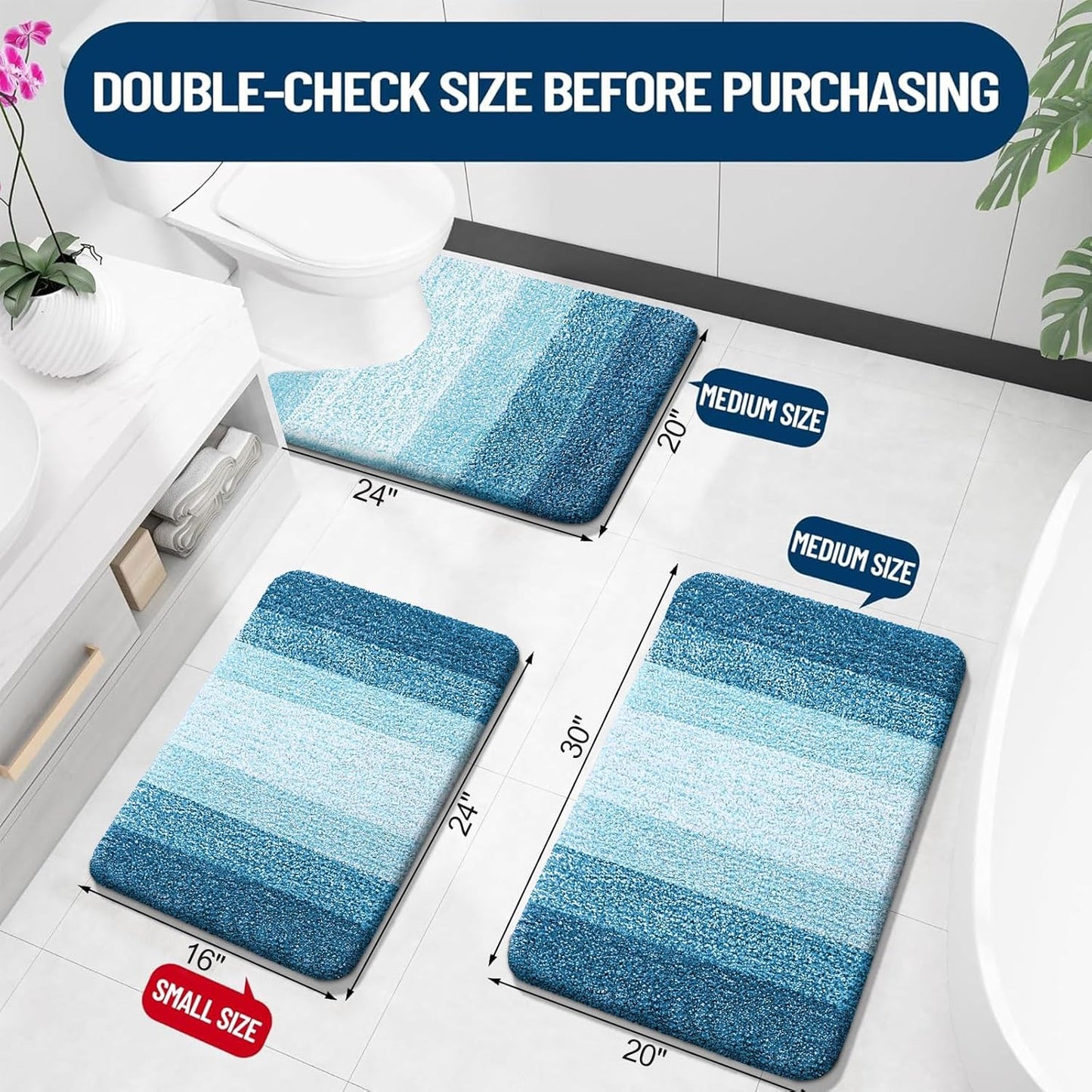 OLANLY Luxury Toilet Rugs U-Shaped 24x20, Extra Soft and Absorbent Microfiber Bathroom Rugs, Non-Slip Plush Shaggy Bath Mat, Machine Wash Dry, Contour Bathroom Mats for Toilet Base, Peacock Blue