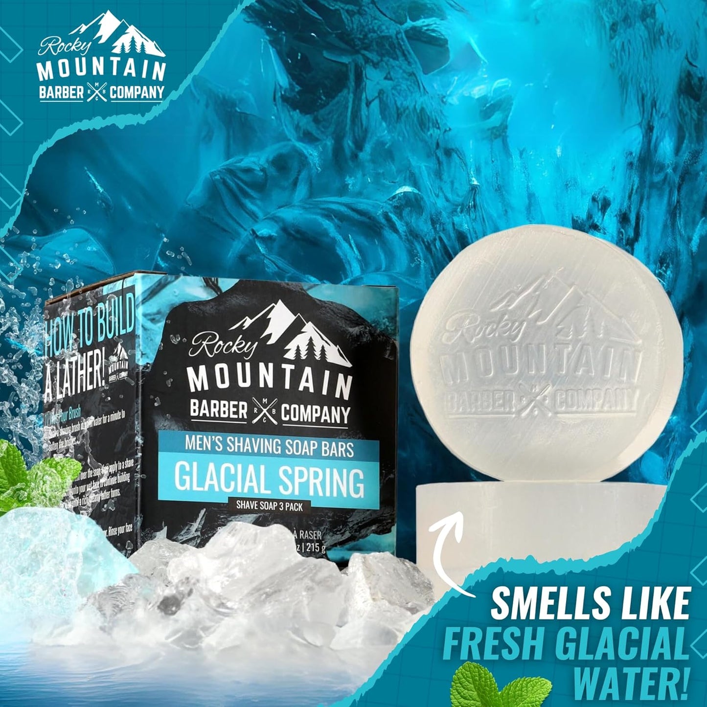 Shaving Soap Pucks for Men - 3 Pack - Traditional Wet Shave Glycerin-Based Shave Soap Bars - Made in USA For Use with Shaving Brush and Bowl - Glacial Spring Scent by Rocky Mountain Barber Company
