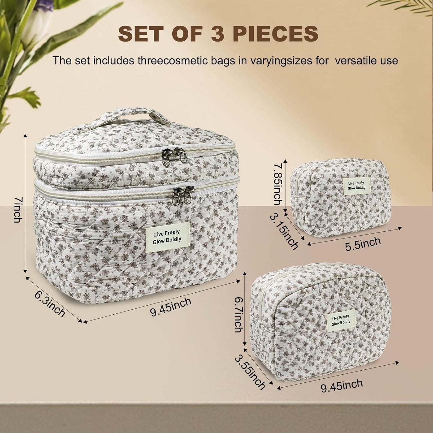 3Pcs Large Travel Quilted Makeup Bag, Double Layer Cute Floral Cotton Toiletry Bag, Aesthetic Flower Cosmetic Bag Coquette Skincare Organizer Bag for Women(75-BlackFloral)