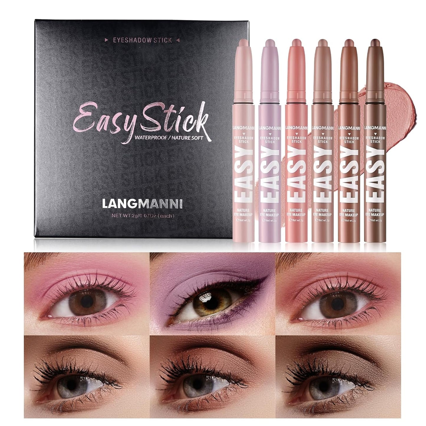 LANGMANNI Eyeshadow Stick, 6 PCS Waterproof Multi-Color Eyeshadow Pen Set, Creamy Long-Lasting Eye Makeup Kit, Natural & Shimmer Shades Contour Stick, Perfect Gifts For Women (#A)