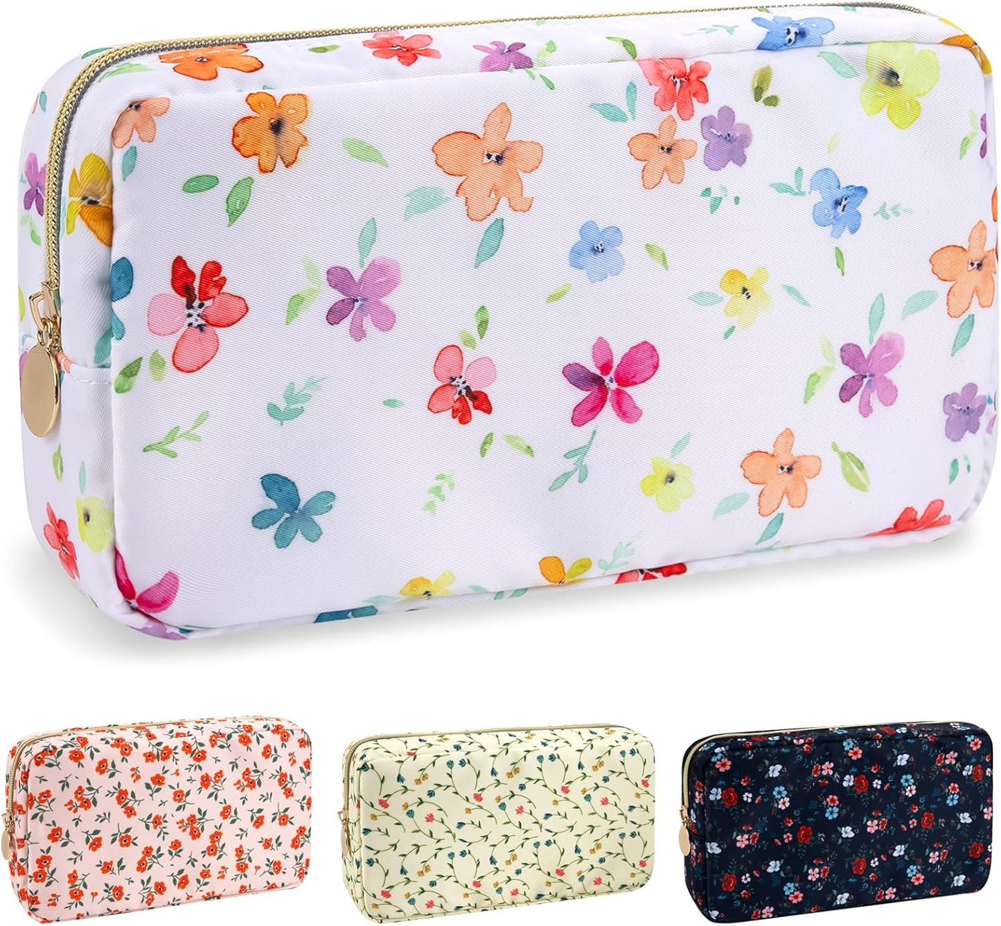 Nylon Small Floral Makeup Bag for Purse, Cute Preppy Makeup Bag Flower Cosmetic Zipper Pouch Purse, Waterproof Portable Travel Toiletry Makeup Brush Bag Organizer Storage for Women Girls(White-Flower)