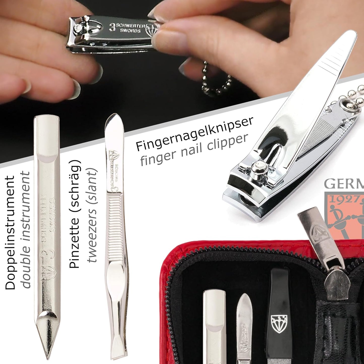 3 Swords Germany - brand quality 5 piece manicure pedicure grooming kit set with synthetic leather case red - Made in Germany